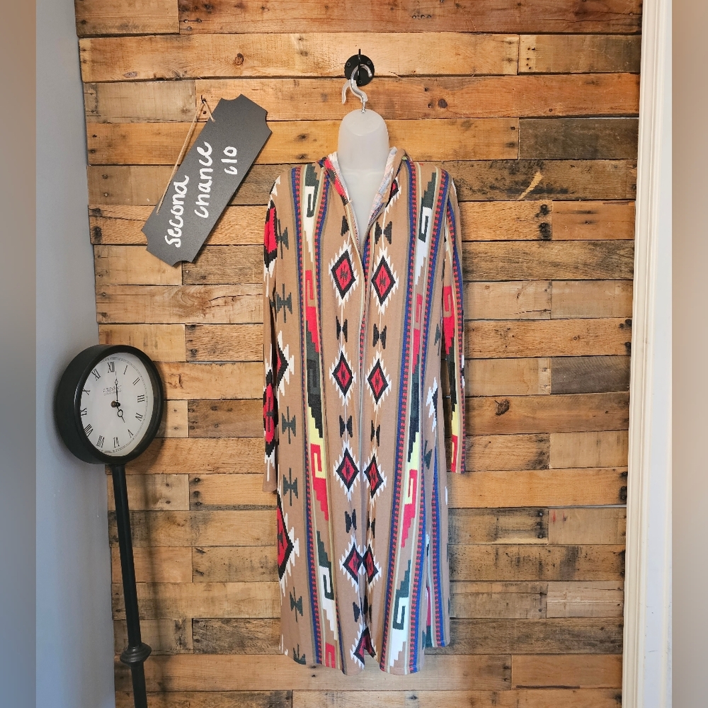 Poof! Women's Long Southwestern Aztec Geometric Hooded Cardigan - sz S
